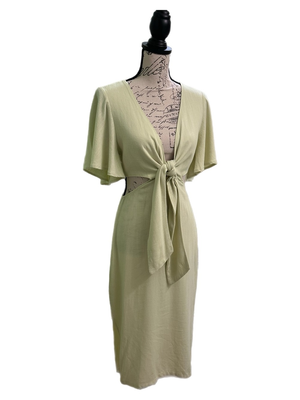 Lulu's "Summer Journey" Light Green Tie-Front/Cutout Midi Dress Sz M  NWT